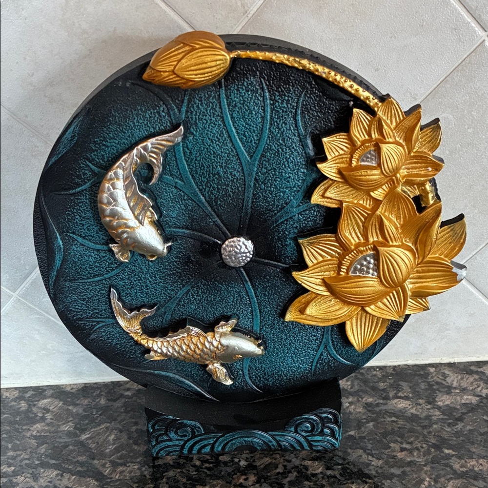 Source Unknown Gold and Teal Decorative Plate with Koi and Lotus